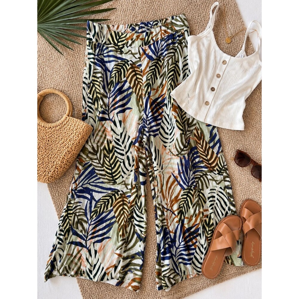 Tahari 100% Linen Wide Leg Pants Women’s XL Tropical Leaf Print Pull On Resort
